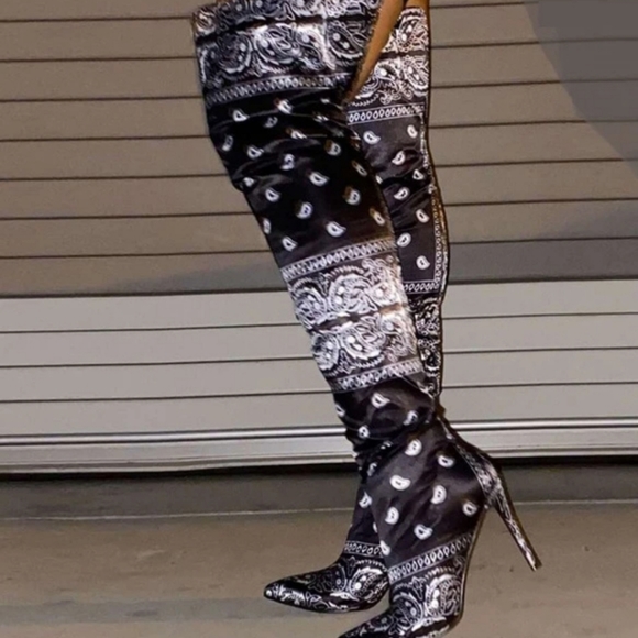 Shoes Black Bandana Print Boots High Heel Thigh High Poshmark